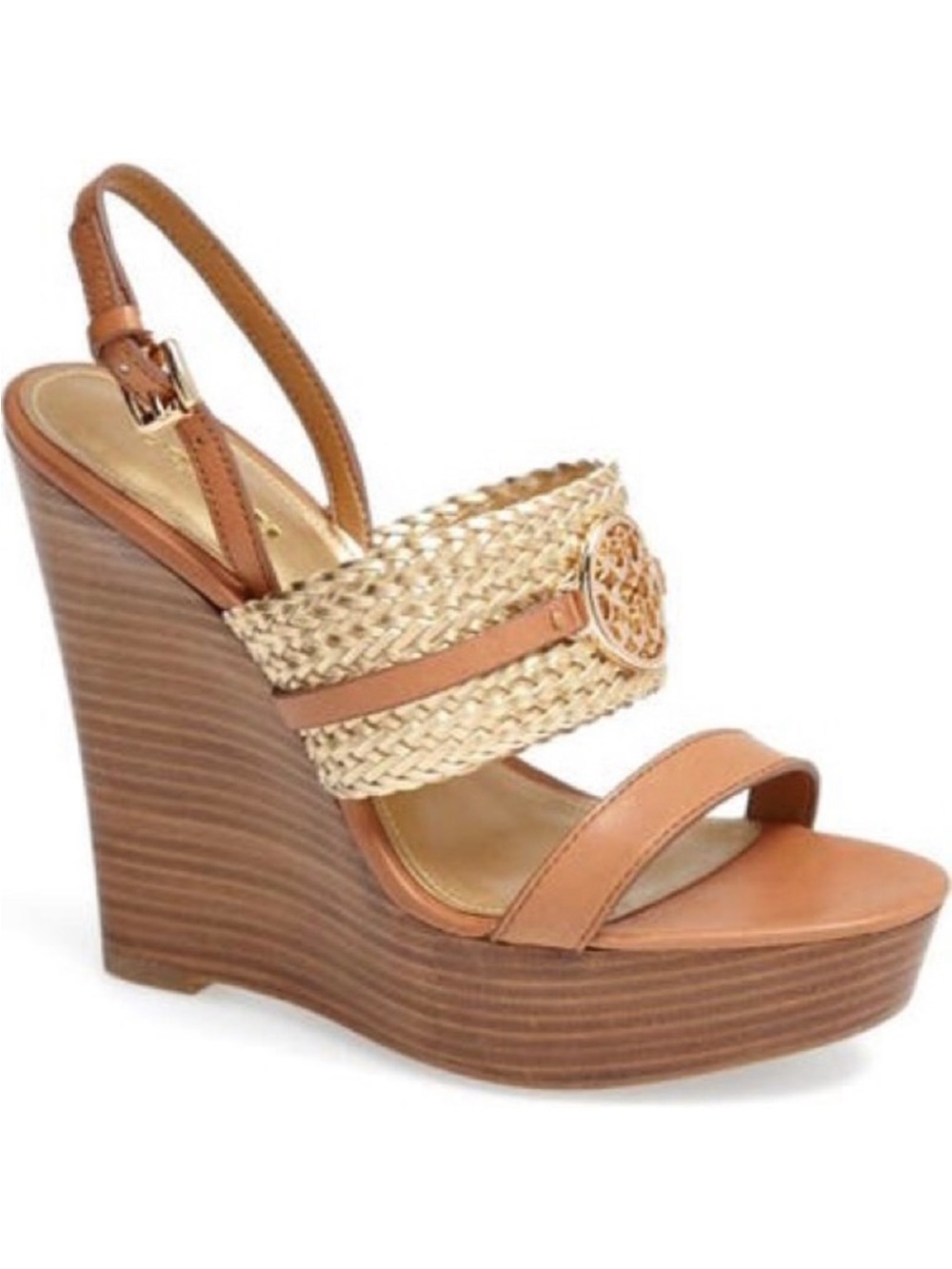 Coach New York Wedge Platform Sandals Tan Gold Woven Leather Slingback Size 8B